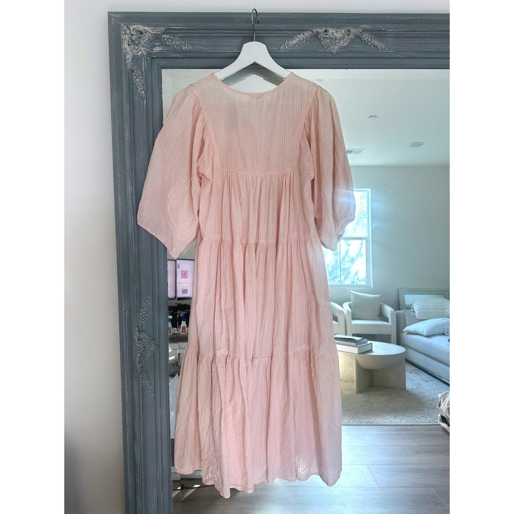 Vintage Cotton Gauze Milkmaid Tiered Midi Dress Floral Embroidery Puff Sleeve S - Picture 4 of 7